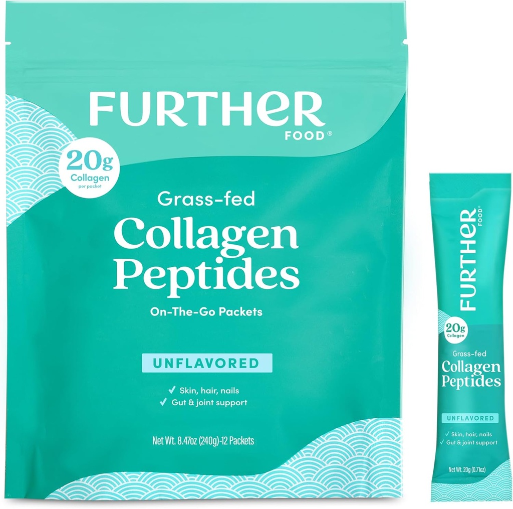 Further Food Unflavored Collagen Peptides Powder Stick Packs - 100% Grass-Fed, Hydrolyzed Type 1 & 3, 20g of Collagen per Serving, Supports Skin, Hair, Nails & Joints, 8.47 Oz