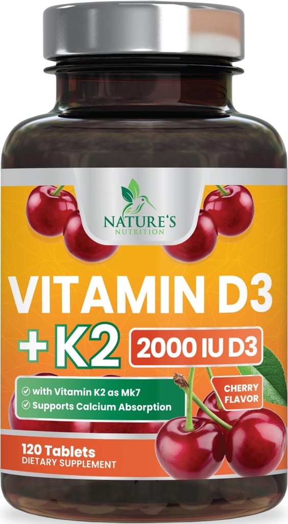 Vitamina D3 K2 2000 UI Plus cu K2 (MK-7) 75 mcg - Vitamine D & K Supliment complex pentru oase, dinţi, muşchi, absorbţie de calciu, susţine imune şi Heart Health, non- GMO Formula masticabile - 120 comprimate