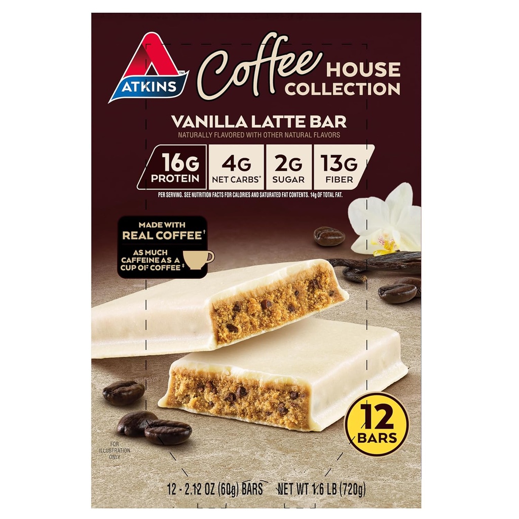 Atkins Coffee House Collection Vanilla Latte Bar, 16g Proteine, 2g Zahăr, 4g Net Carbs, 13g Fiber, 12 Conte