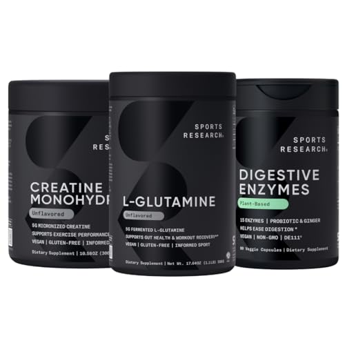 Sports Research L-Glutamine (100 Servings), Creatine Monohidrat (60 Servings) și Enzime digestive cu Probiotice & Ginger (90 Servings) - Toate non-GMO verificate, Vegan & Gluten Free