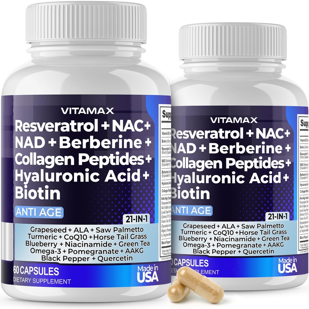 Vitamax Resveratrol NAD+ Berberine Acid hialuronic - Biotin Grape & Blueberry + NAC - Colagen Peptides - Păr, unghie, Skin & Joint Supplement - 21-in-1 Femei și bărbați - Made in USA - 120 Count