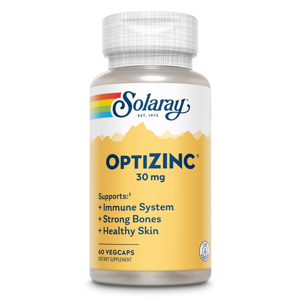 SOLARAY OptiZinc 30 mg Suplimentul de suport imunitar - Suplimente de zinc pentru bărbaţi şi femei w/Vitamin B6 - Bones puternice şi Skin Health Support - Absorbţie mare - 60 zile Garanţie, 60 de serviri, 60 VegCaps