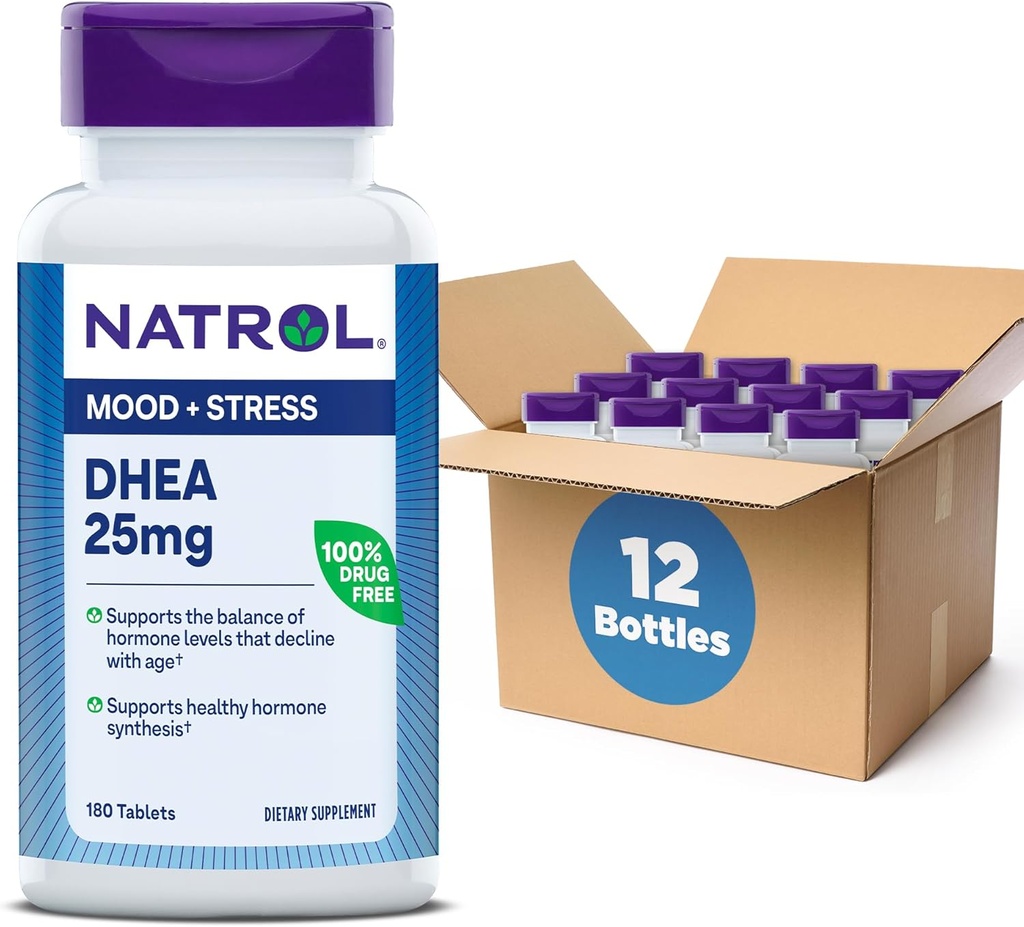 Natrol Mood & Stress DHEA 25mg cu Calciu, Supliment alimentar pentru echilibru de anumite nivel de hormon și suport de spirit, 180 comprimate, 180 zile de aprovizionare (Pachet de 12)