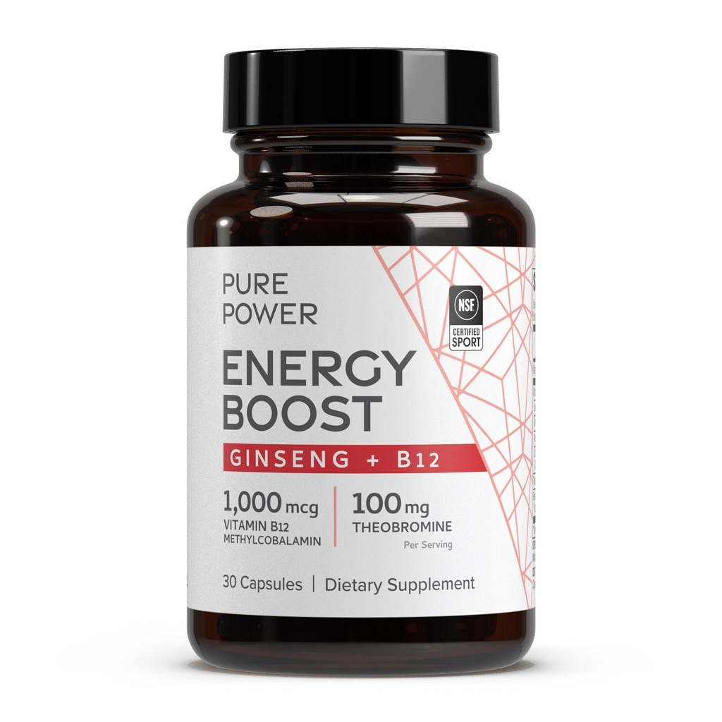 Dr. Mercola Energie pură Boost, 30 Servings (30 capsule), Ginseng + B12, Supliment alimentar, Boosts energie fizică și mintală, non-GMO