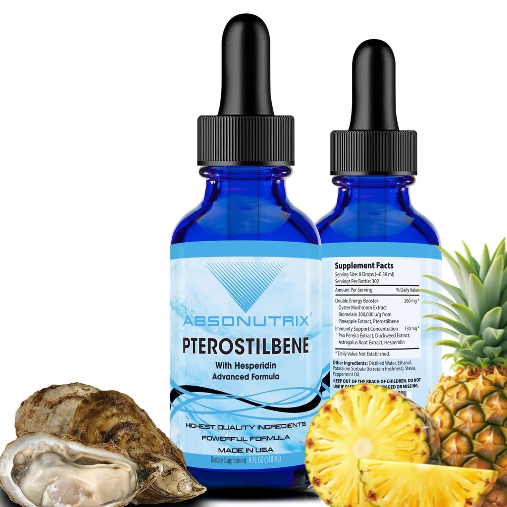 Absonutrix Pterostilbene cu Hesperidin 390 mg, 4 Oz Liquid, 300 Servings, Made in USA, Absorbtie rapida, Ingrediente de calitate, Non-GMO, GMP Instrument certificat, Produse Cruzimea-Free