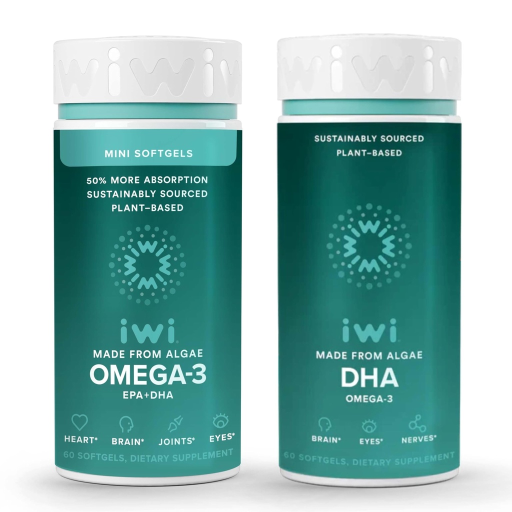 Iwi Omega-3 Minis & DHA Omega-3 Bundle, 30 Servings, Vegan Plant-Based Algae Omega 3, Krill & Fish Oil Alternative, No Fishy Aftertaste