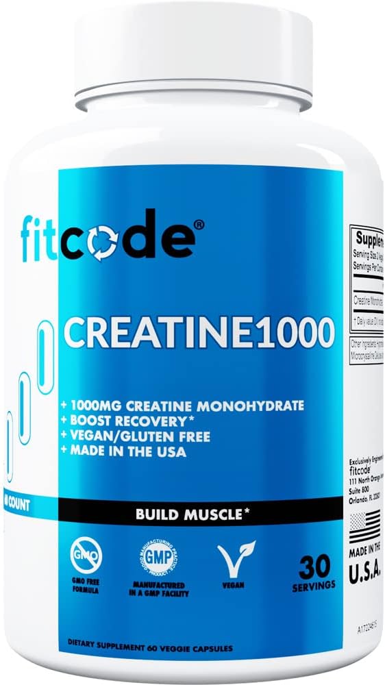 cod potrivit Creatine1000, 1 Gram de Creatină pură Monohidrat în fiecare Serving, Capsule Veggie (30 Servings)