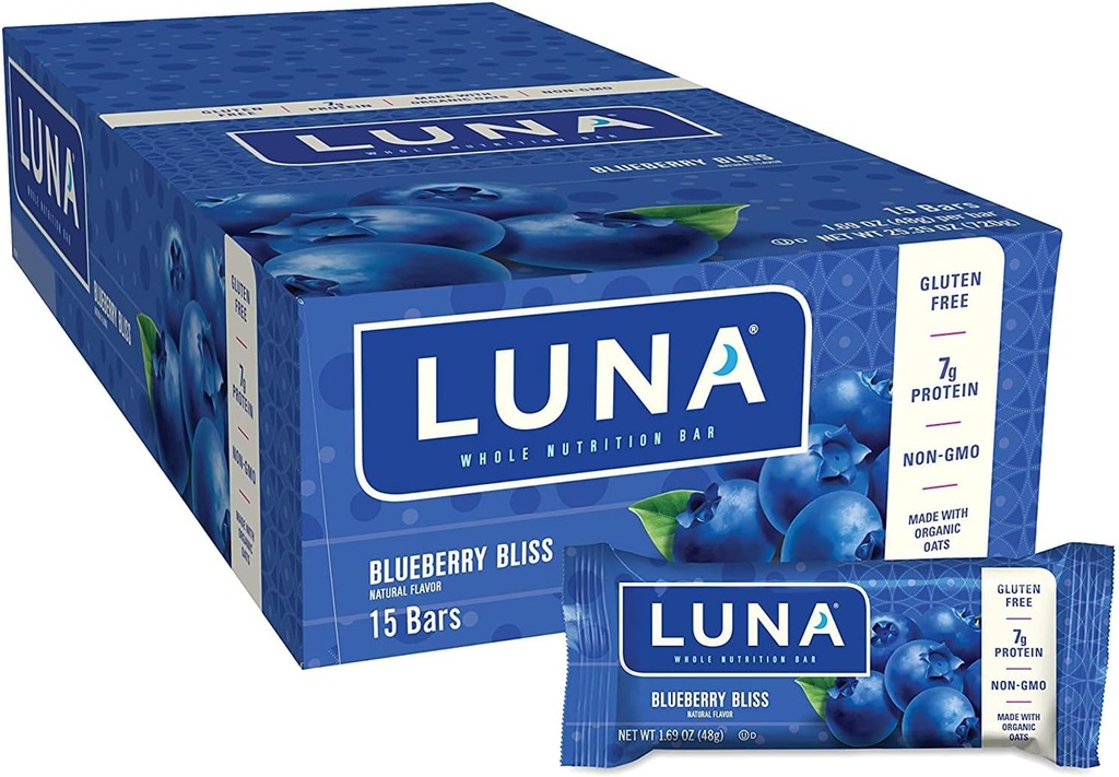 LUNA BAR - Gluten Free Snack Bars - Blueberry Bliss Flavor - 7g de proteine - Non-GMO - Plant-Base Snacking - Pe Go Snacks (1,69 Ounce Snack Bars, 15 Count)