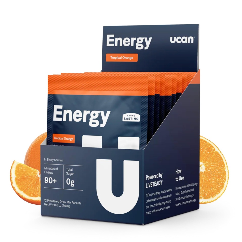 UCAN Energetic Powder, Tropical Orange, Keto, Sugar-Free Pre & Post Workout pentru bărbați și femei, Non-GMO, Vegan, Gluten-Free, Mare pentru Runners, Gym-Goers și sportivi de înaltă performanță (12 serviri, 25g)