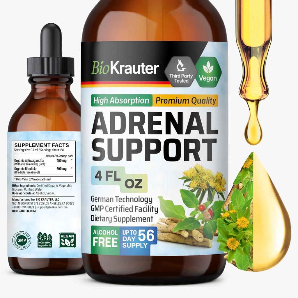 BIO KRAUTER Suport adrenal Tinctură - Rhodiola & Ashwagandha Suplimente - Vegan Mood Support Drops 4 Fl.Oz.