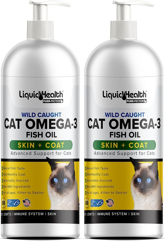 Sanatate lichida Animale de companie sălbatice prinse Omega 3 ulei de pește pentru pisici - lichid Omega 3 Supliment pentru pisici cu EPA+DPA+DHA - Reduceți mâncărime, sprijin comun, imunitate, creier, Heart Health - Made in the USA (2 Pack)