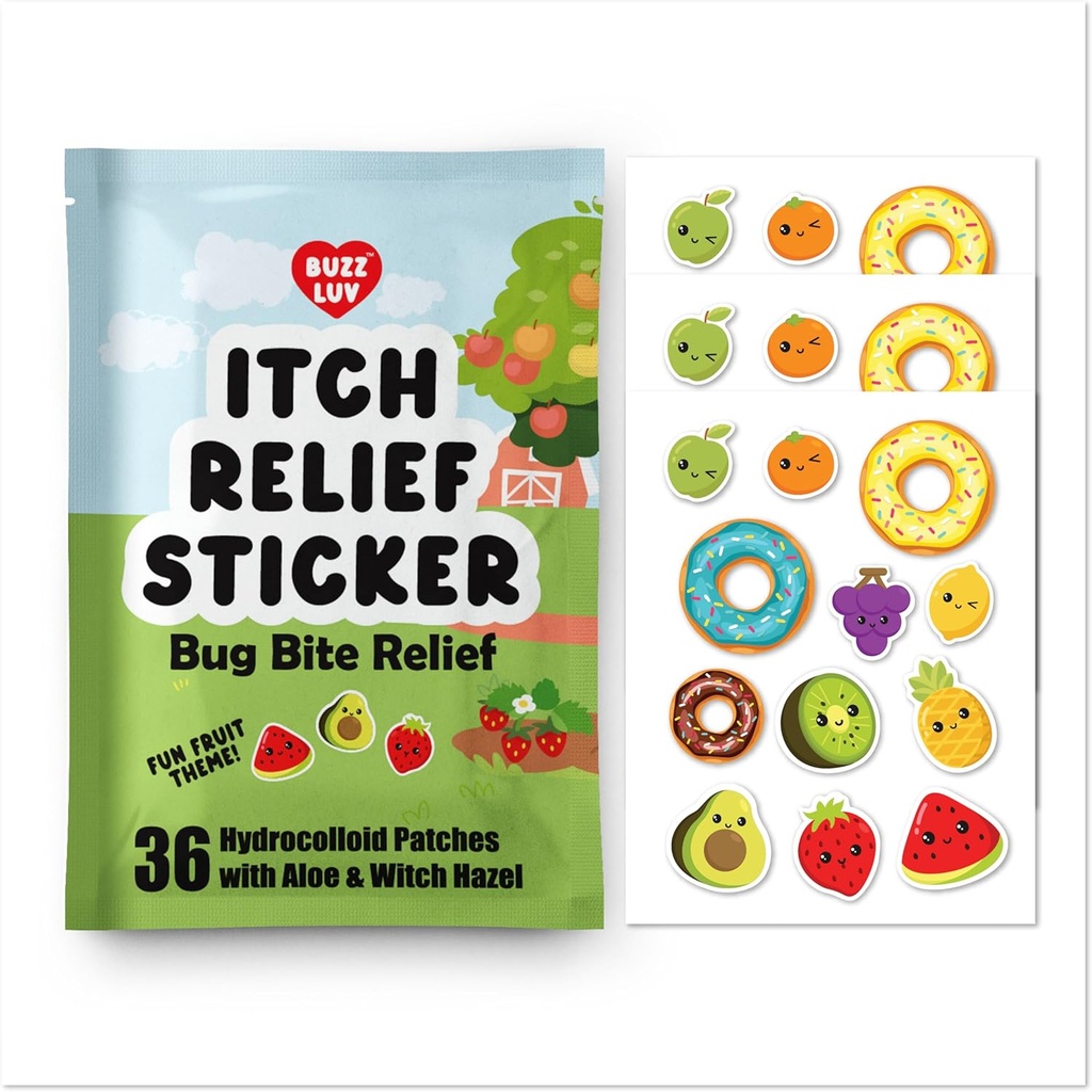 Hidroloid Itch Relief Patch, pentru țânțari, gâscă, Midges, Sandflies Bug Relief, Anti-Itch Patch cu Aloe și Witch Hazel, Insectă Muscatura Relief, Kid-Friendly, Natural Fruit Tema