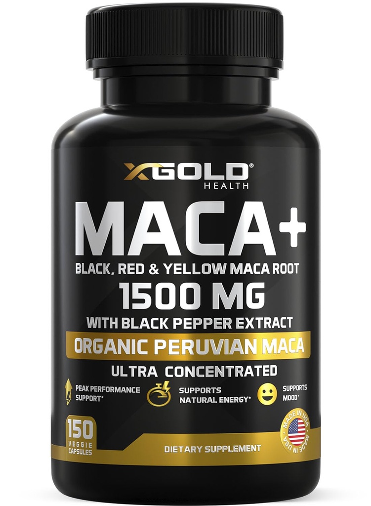 X Gold Health Organic Maca Root Powder Capsule 1500mg cu negru 
