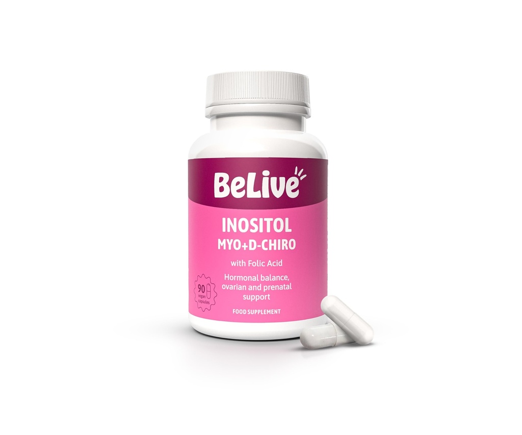 BeLive Myo-Inositol & D-Chiro Inozitol Capsule - 90Ct I I I I I I II Inositol Suplimente cu acid folic pentru Femeie, Optimal 40:1 Raport (1)