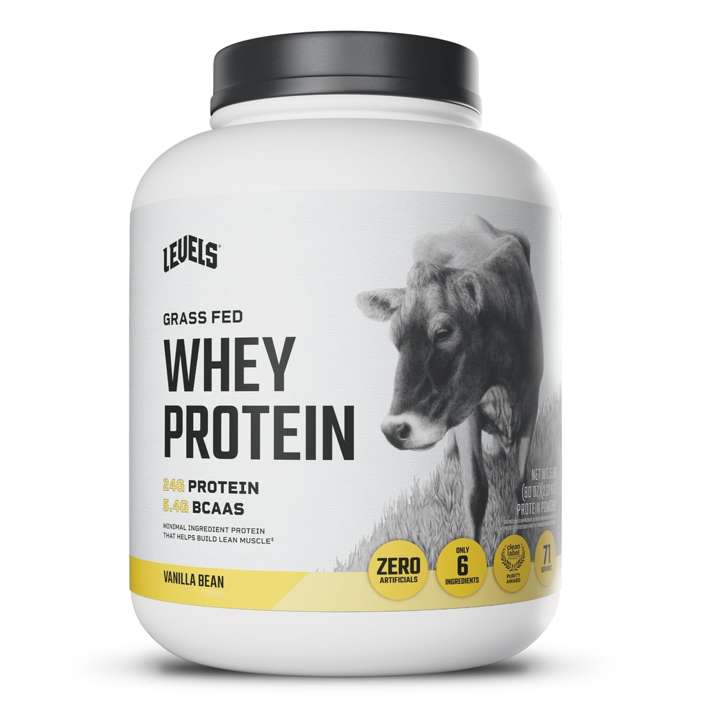 Nivele Grass Pudră de proteine Fed Whey, Nu Artificiale, 24G de proteine, Vanilie Bean, 5LB