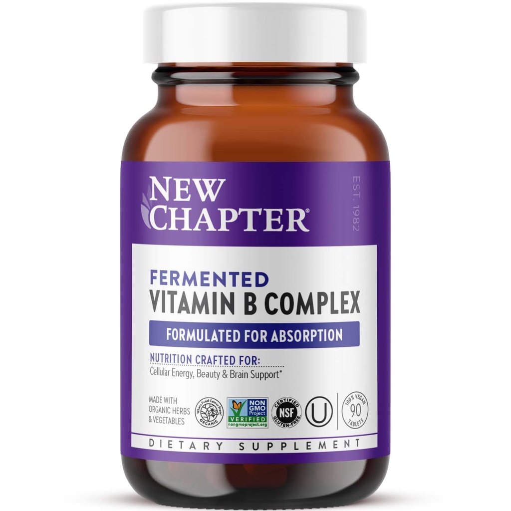 Noul Capitol Vitamina B, Complex de vitamina B fermentata, USDA Organic, One Daily pentru Energie Cellulara + Creier + Frumusete, 100% Vegan, Gluten-Free - 90 Conte