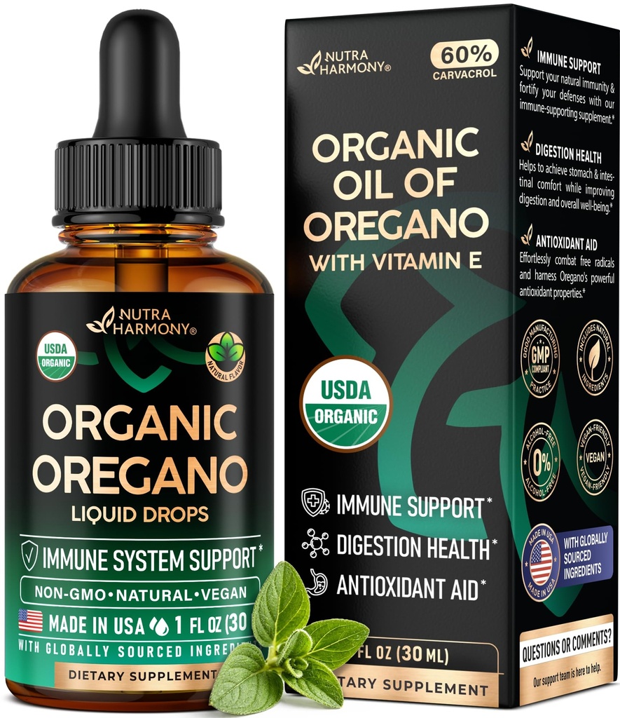 USDA Ulei organic de Oregano - Picături lichide cu vitamina E - Made in USA - Supliment pentru Suport Imun, Digestion Health & Antioxidant - Non-GMO, Natural, Vegan - Ca pastile, Capsule, Softgels 1 fl oz