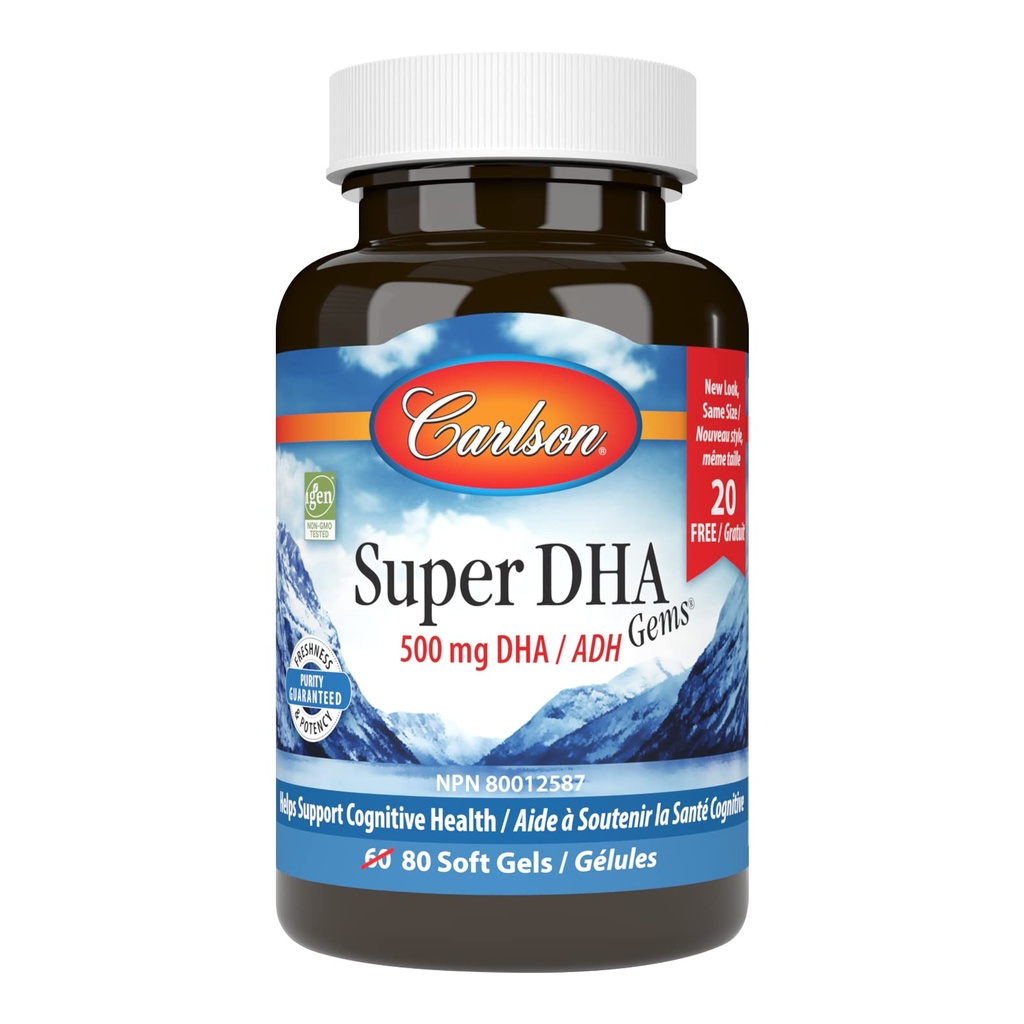 Carlson - Super DHA Gems, 500 mg Suplimente DHA, 640 mg Acid gras, concentrat de ulei de pește arctic, concentrat de pește nordic, 60+20 Softgels
