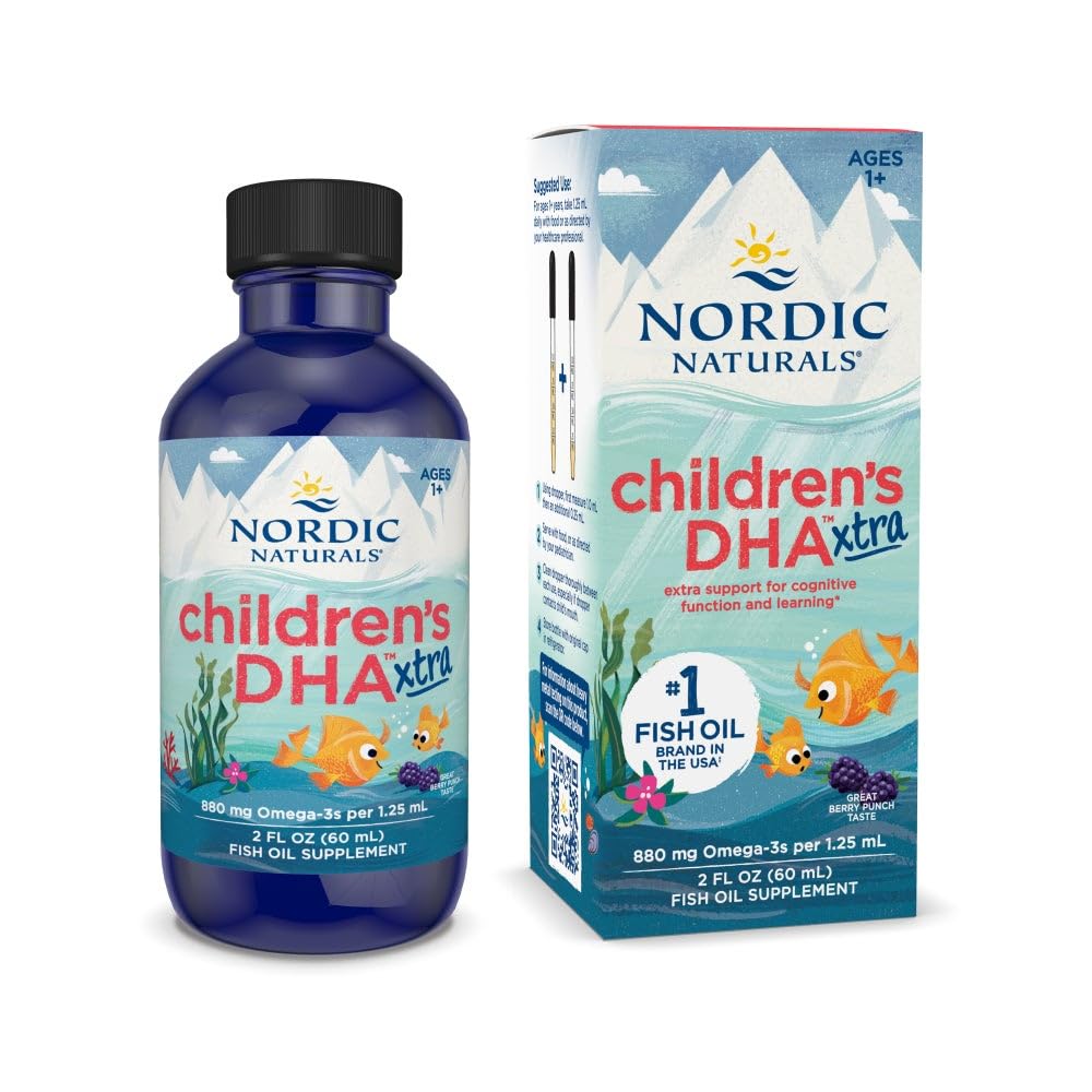 Nordic Naturals Childrens DHA Xtra, Berry Punch - 2 oz pentru copii - 880 mg Total Omega-3s cu EPA & DHA - Cognitive & Immune Function, Learning, Social Development - Non-GMO - 48 Servings