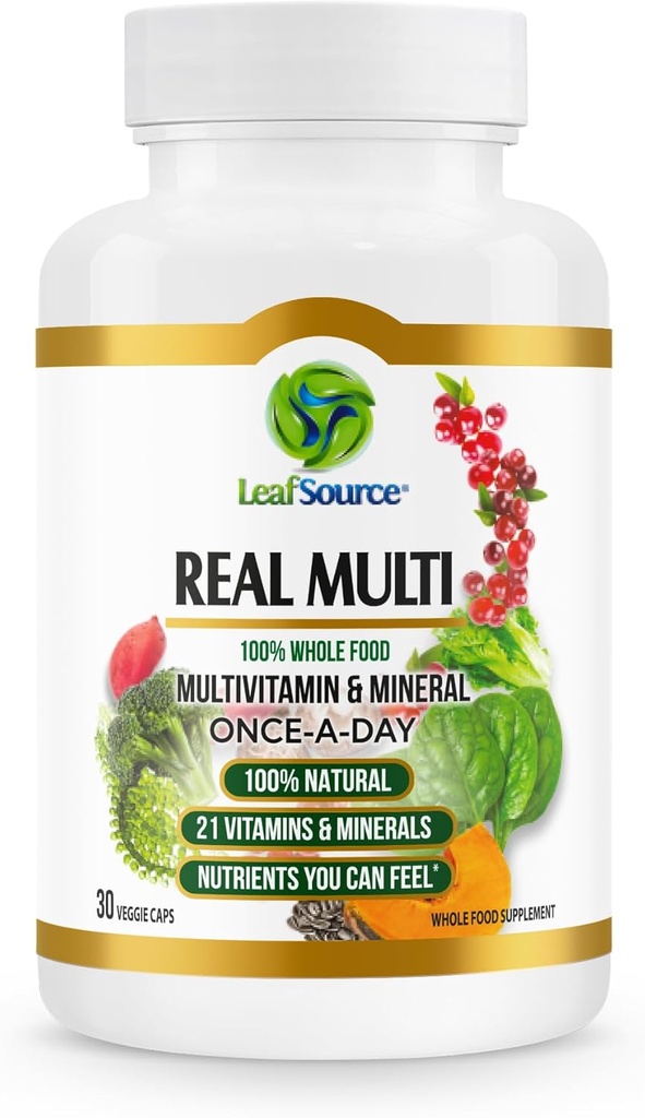 LEOURCE Real Multi, Multivitamine Întreaga suplimente alimentare - 21 Vitamine si Minerale fabricate din produse alimentare reale. Vegan, Nutrienti pe bază de plante fabricate din legume cu fructe reale și alimente întregi (30 vcap)