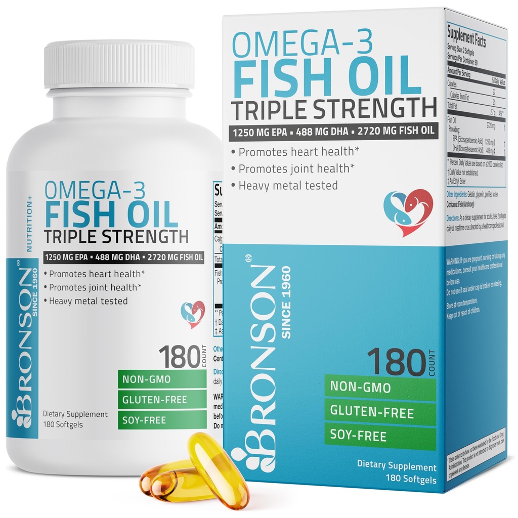 Bronson Omega 3 Fish Oil Triple Force 2720 mg, High EPA 1250 mg DHA 488 mg, Non-GMO Heavy Metal Testat, 180 Softgels