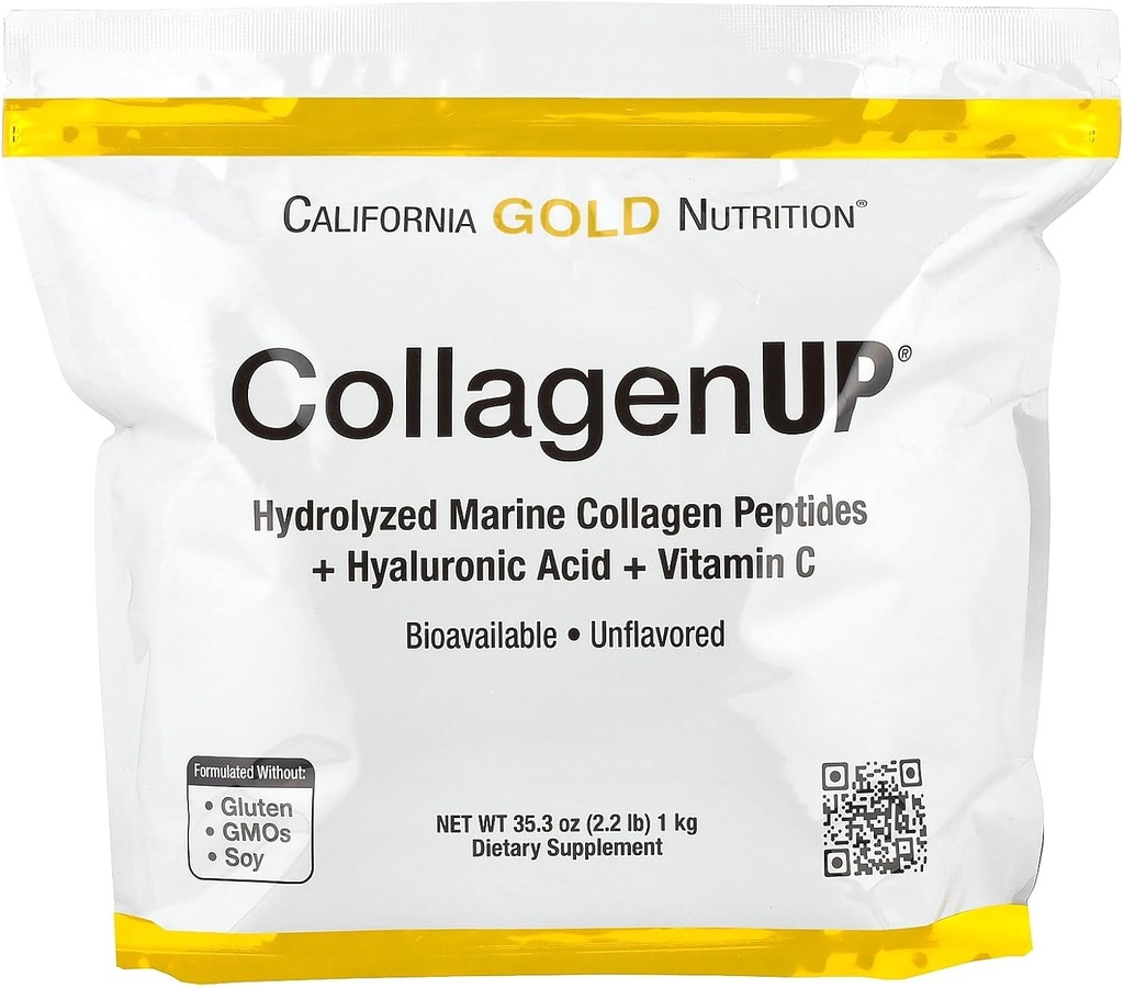 California Gold Nutrition ColagenUP®, Hydrolyzed Marine Colagen Peptides cu acid hialuronic și vitamina C, nearomatizate, 2.2 lb (1 kg)