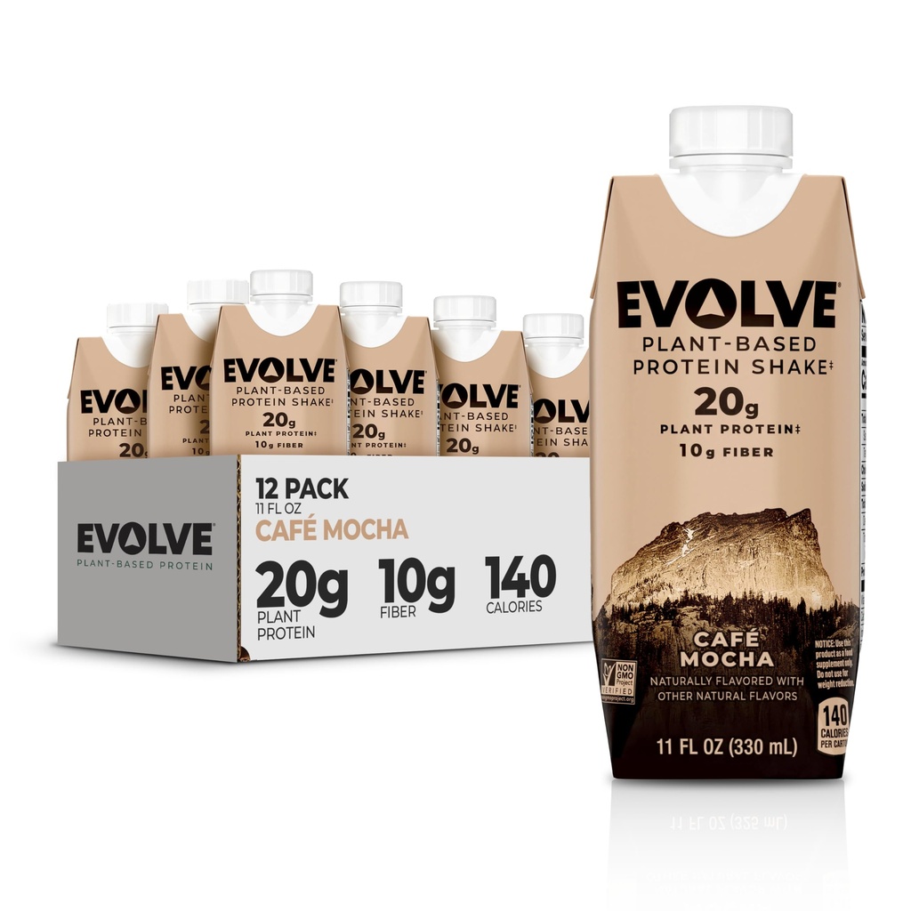 Evolve pe bază de proteine Shake, Café Mocha, 20g Vegan Proteina, Dairy Free, Nu Îndulcitori artificiali, Non-GMO, 10g Fibră, 11oz, (12 Pack) (Formula May Vary)