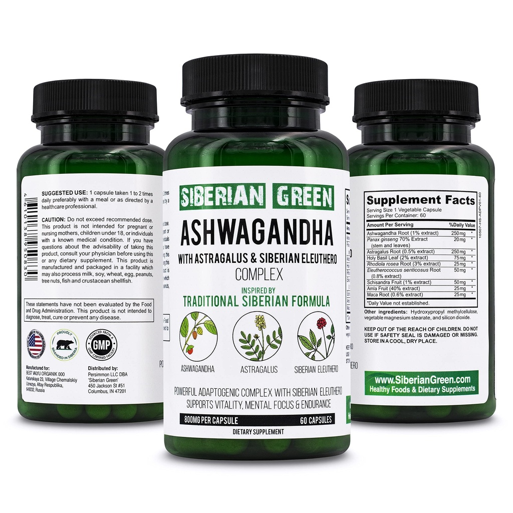 Siberian Green Organic Ashwagandha Root cu Astragalus & Siberian Eleuthero Ginseng Complex 60 Capsule puternic Herbal Support