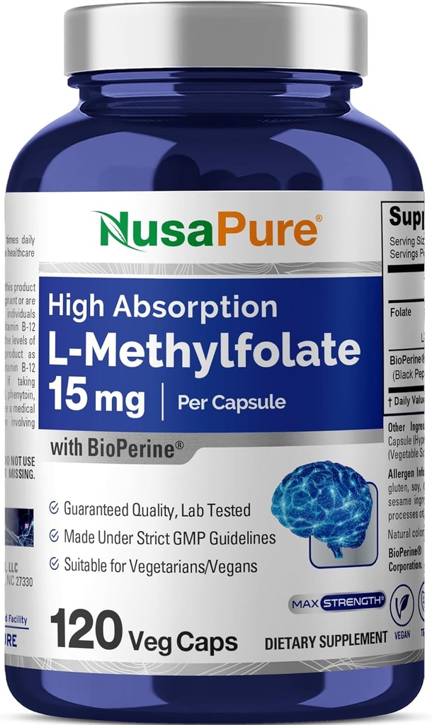 NusaPure L Metilfolat 15mg, 120 Veggie capsule, Bioperina
