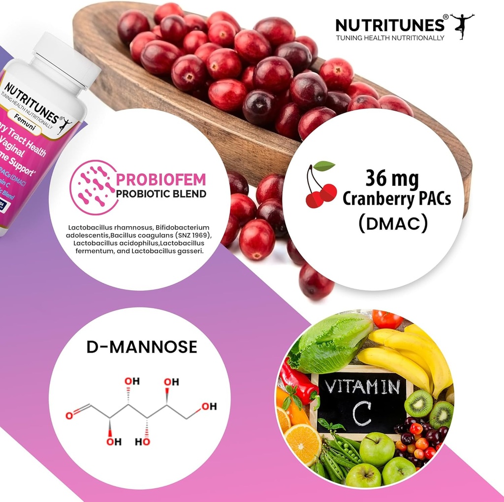 Cranberry PAC cu D Mannose Suplimente pentru femei, vitamina C și femei Probiotic vaginal, inclusiv Lactobacillus și Bifidobactery tulpini pentru tractul urinar Sănătate - 60 Femuni UTH capsule