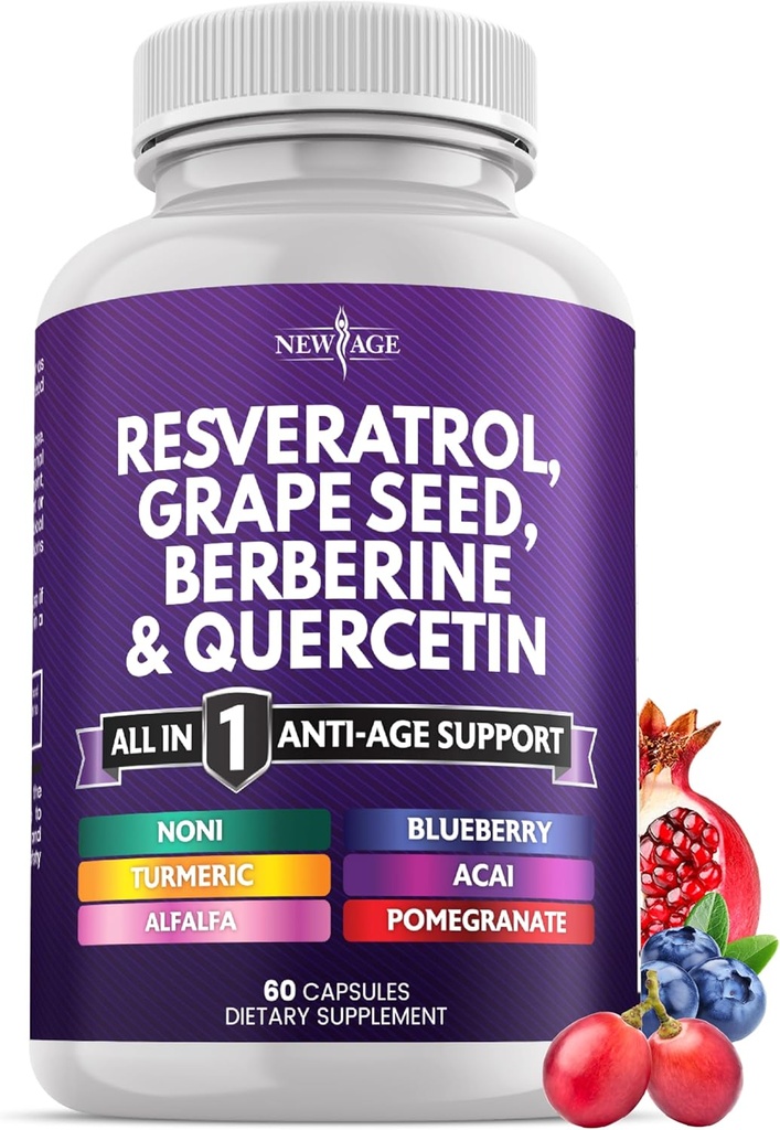 NEW AGE Resveratrol, Berberine, extract de semințe de struguri, Querbetin - supliment polifenol pentru femei și bărbați cu extract Noni, N-Acetyl Cysteine, extract Acai - 60 capsule