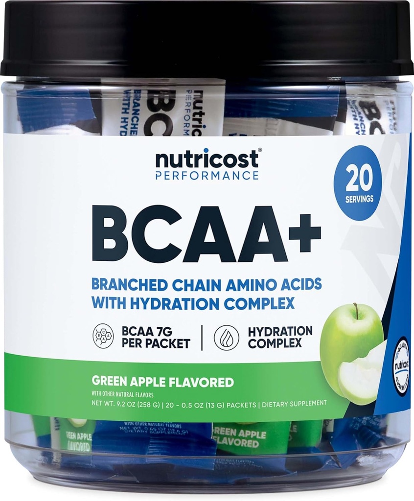 Nutricost BCAA+ Hidratare Green Apple Aromat (20 Stickpack-uri) - Aminoacidi în lanț cu complex de hidratare - Gluten-free, non-GMO