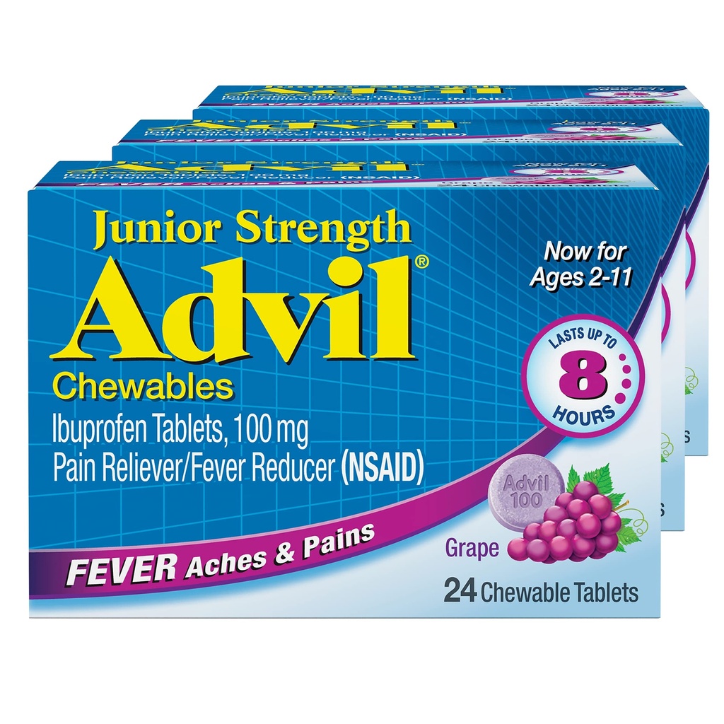 Advil Junior puterea Chemable Ibuprofen durere Relieiver și Reductor de febră, Ibuprofen pentru copii pentru ameliorarea durerii, struguri - 24 comprimate (Pachet de 3)
