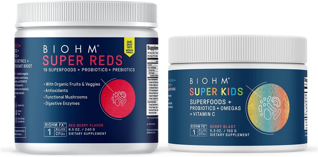 BIOHM Super Reds Superfood Powder, Tart Cherry & Super Kids Superfood Powder + Probiotice, Antioxidanti Beneficiali & Omega-3 - Gluten Free, GMO Free, Dairy Free, Nu Ingrediente artificiale