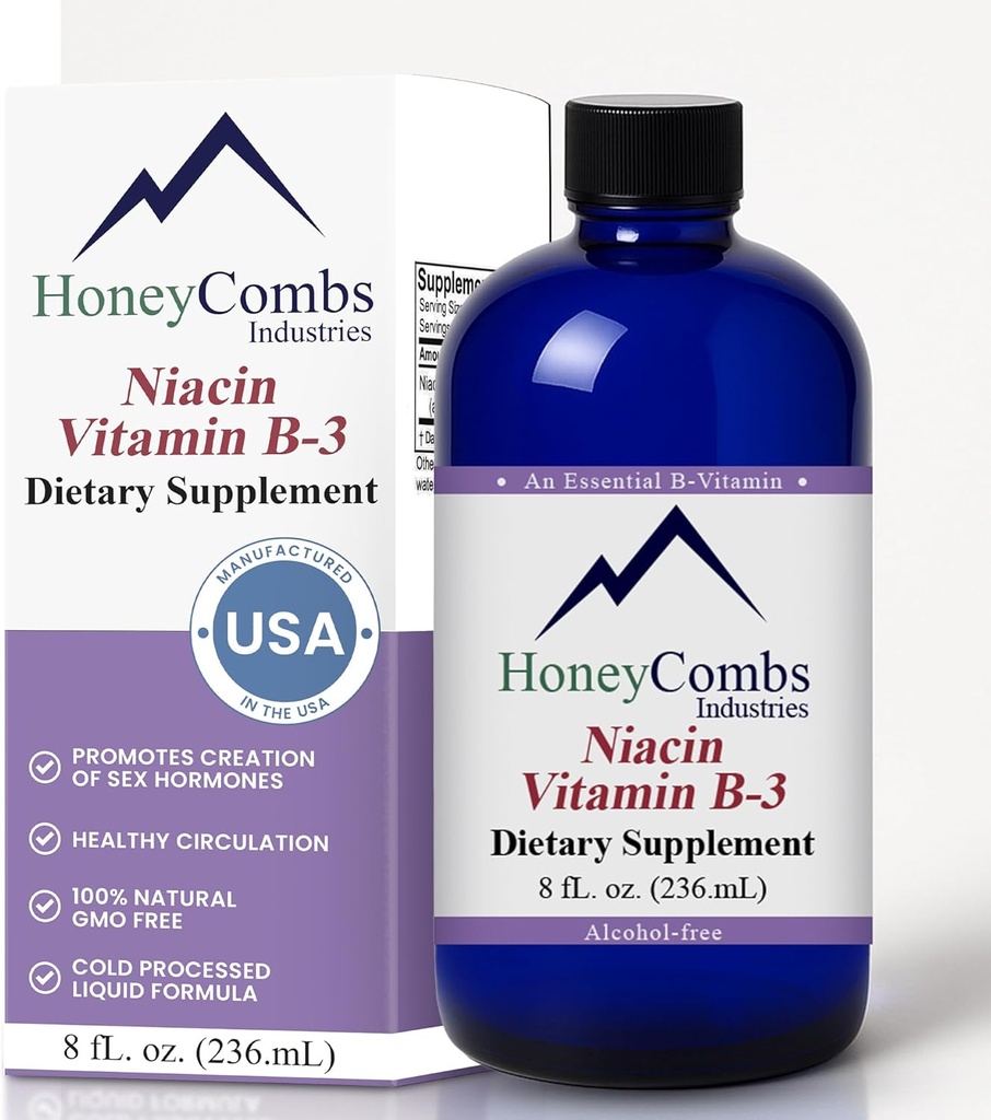 HoneyCombs Vitamina B3 Niacin Supliment Picături lichide - Potență ridicată Vitamina B3 Picături lichide pentru bărbați și femei - Menținerea sistemului digestiv, piele, limbă, energie și mai mult - Vegan Niacin picătură (8 Fl oz)
