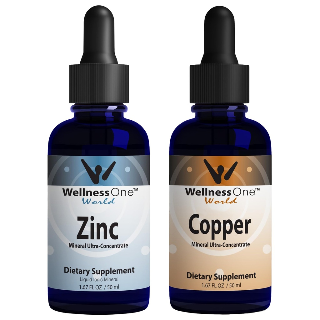 WellnessOne Ionic Liquid Zinc & Liquid Copper - Zinc-Copper Bundle pentru a sprijini sistemul imunitar & Joint, Nervi & Bone Health - 1.67 fl oz Zinc & Copper Picături lichide