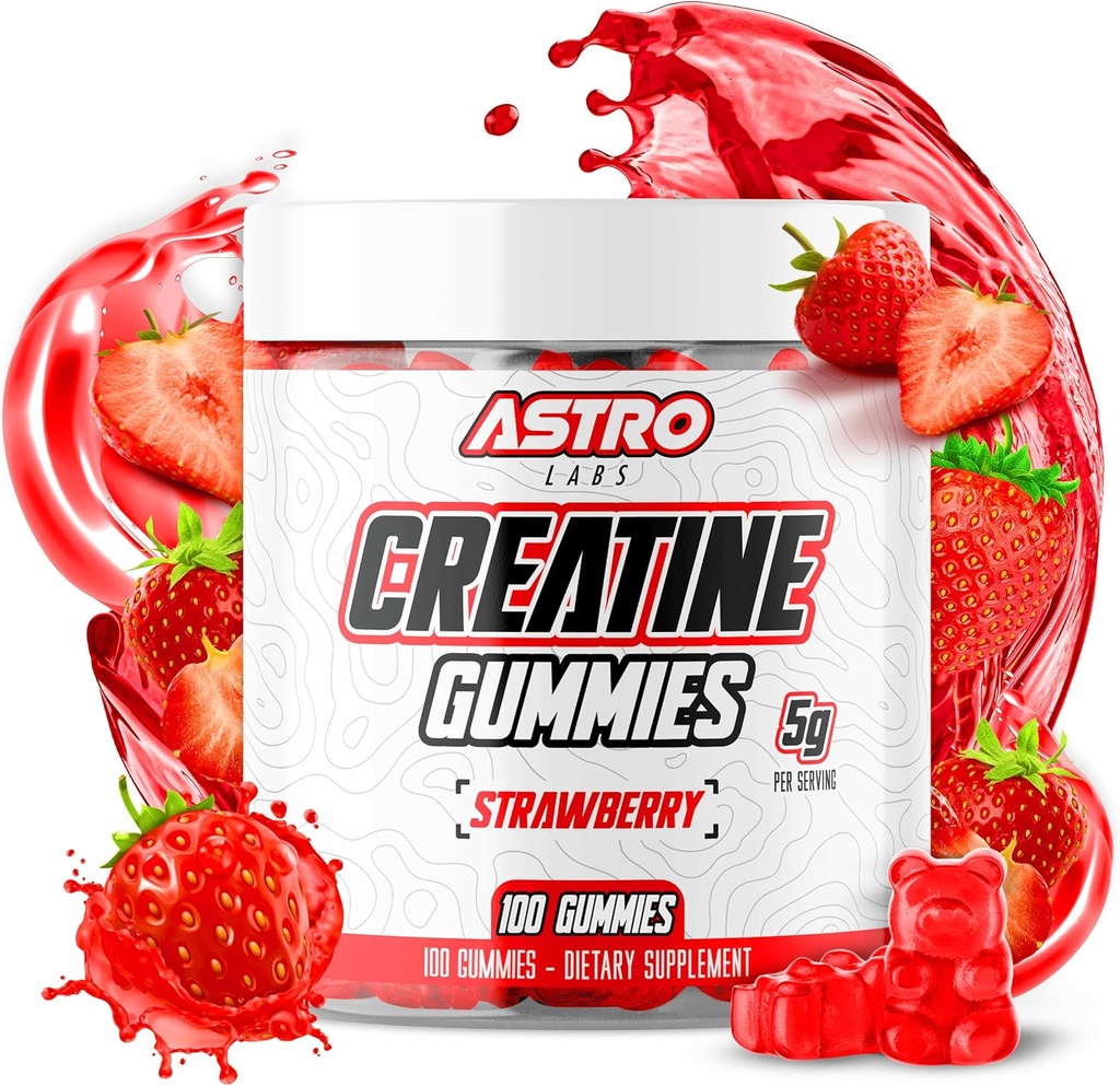 Creatine Gummies for Men & Women - 5g per Serving, Creste puterea, Musculare Gain, Recuperare, Rezistenta - Vegan, Gluten-Free, Low Sugar Creatine Monohidrat Gummies - Strawberry (100 Count)