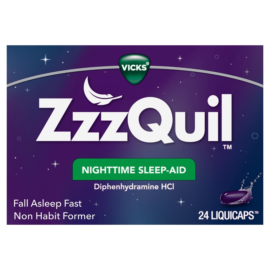 Vicks ZzzQuil, Nighttime Sleep Aid LiquiCaps, 25 mg Difenhidramină HCl, No.1 Brand Sleep-Aid, Non-Habit Forming, Fall Asomn Rapid, 24 Count