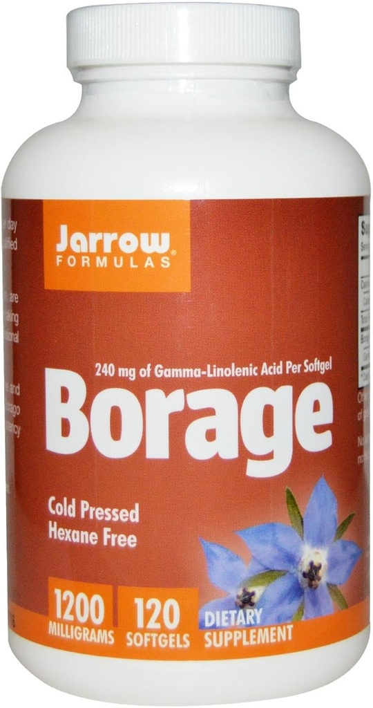 Jarrow Formulas Borage 1200 mg - 120 Softgels - cea mai mare sursa de potenta de GLA - Sprijina sanatatea pielii si functia imuna - Suport pentru usor PMS Discomfort - pana la 120 Serviri