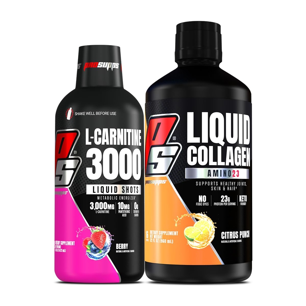 PROSUPPS L-Carnitina 3000 Stimulante Injecții cu lichid liber (Berry) Amino23 Shots lichid Colagen (Citrus Punch) Bundle