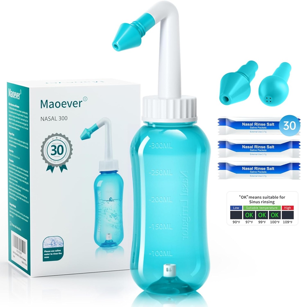 Neti Pot Sinus Clătiți Nasal Spălați 300ML Neti-Pot cu 30 Pachete de sare de spălare nazale și termometru autocolant Curățare flacon de spălare Irigare presiune pentru adulți și copii BPA gratuit (Greu deschis)