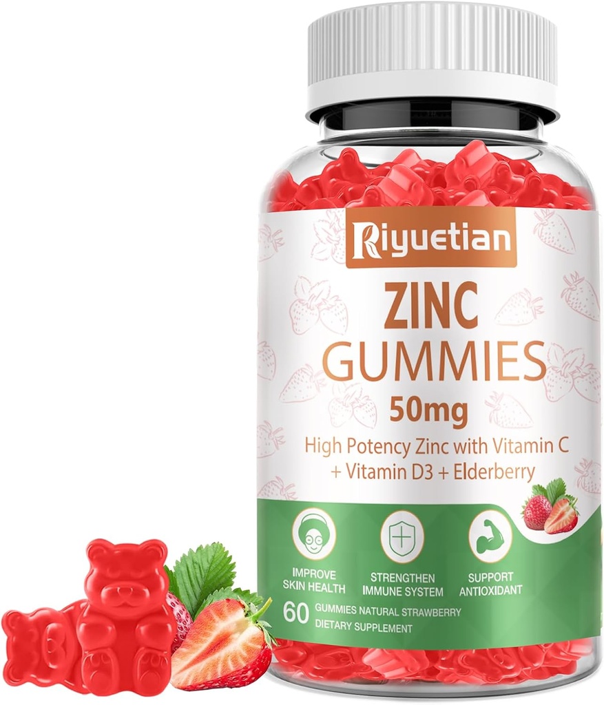 Gume de zinc - 50 mg Zinc de mare potenta cu vitamina C + vitamina D3 + elderberry - Suport pentru sanatate imuna - Vegan, non-GMO si gluten gratuit - 60 Gume