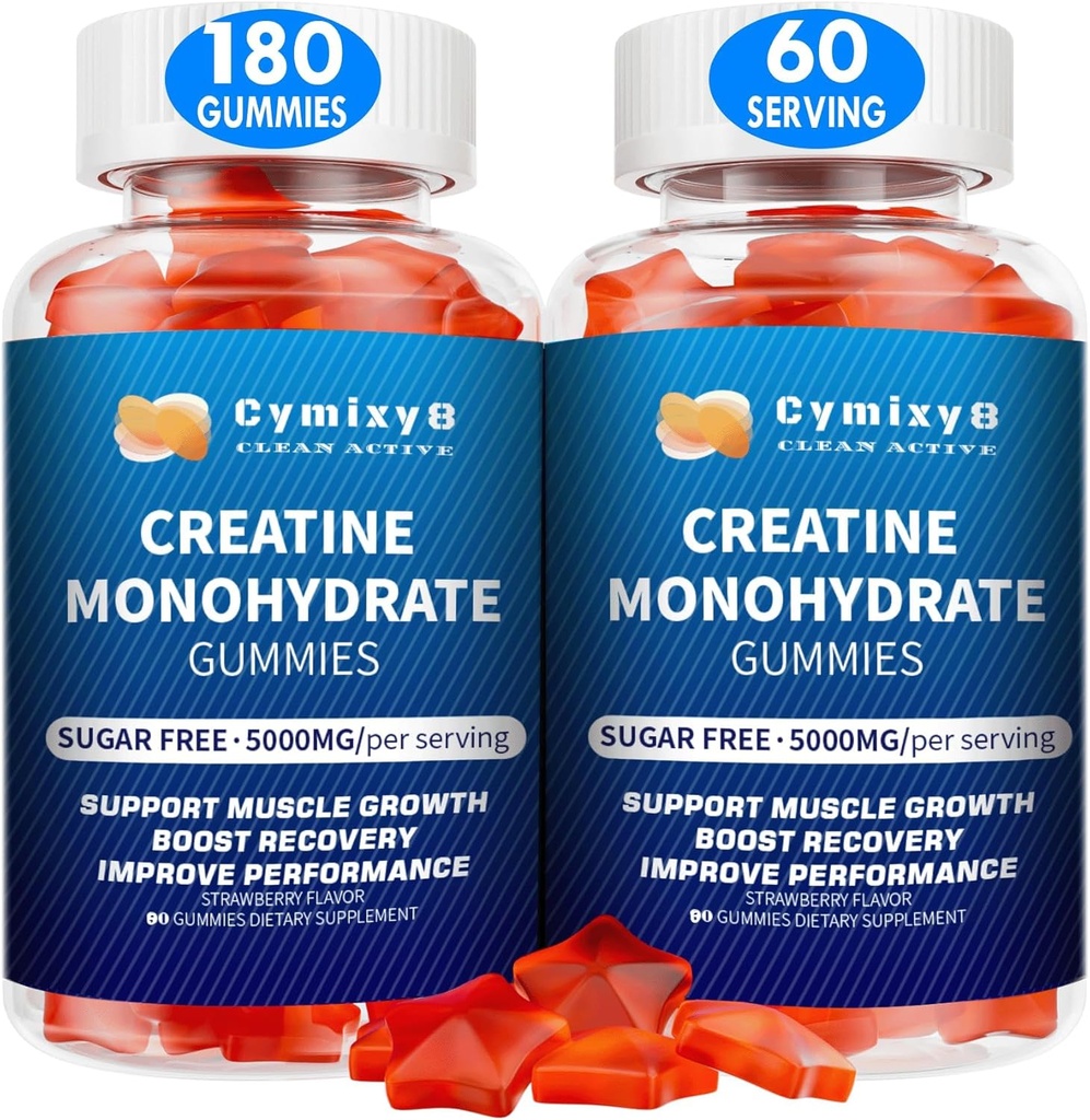 Creatin Monohidrat Gumries 5g pentru bărbați și femei, 7100 mg cu lipozomal Taurină, BCAA, Alpha GPC, B12, Creatine Monohidrat Chews pentru creșterea musculară, aromă de căpșuni, 180Count