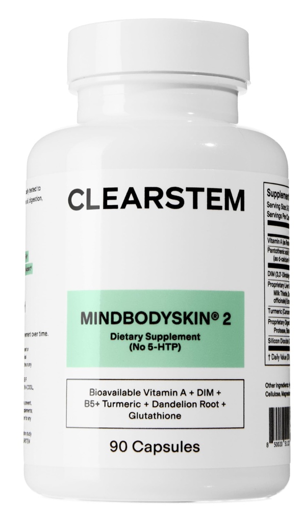 CLEARSTEM - Mindbodyskin Hormonal Acnee Supliment (No 5-HTP) - Natural DIM Supliment - Vitamine de îngrijire a pielii - Echilibru hormonal, antioxidanti - Gluten gratuit, Cruzime liber - 30 Serviri, 90 capsule