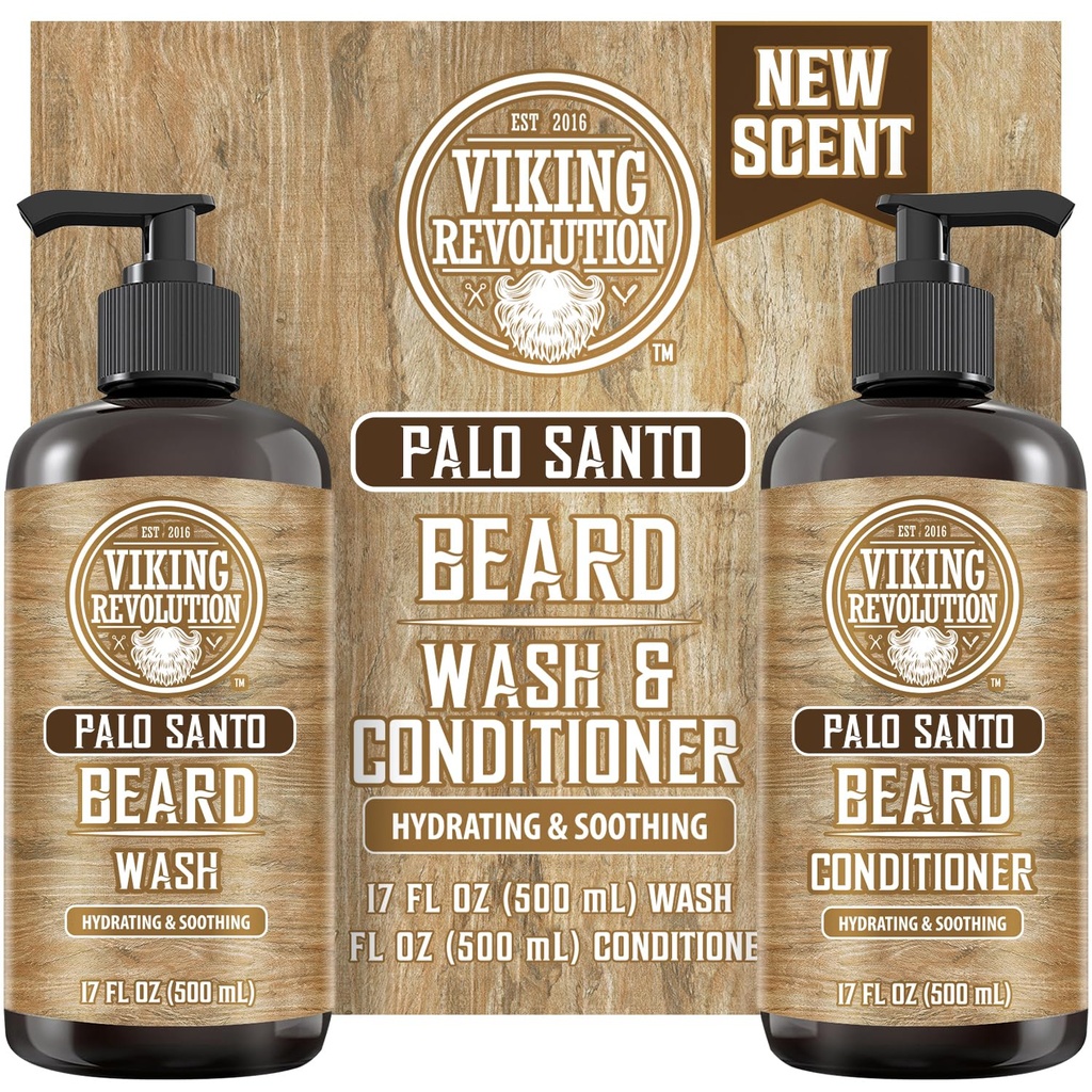 Viking Revolution Palo Santo Beard Wash and Beard Balsam set with Argan and Jojoba Oils - Softens and Consolides - Natural Palo Santo Scent - Beard Shampoo with Ginseng Root Extract (17 oz)