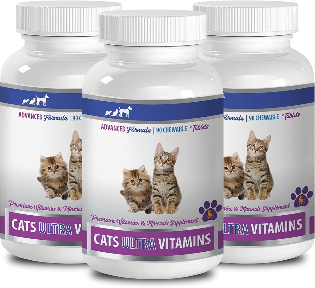 antioxidant pentru pisici - Ultra Vitamine pentru pisici - Minerale sănătoase și vitamine Formula - Chews - Calciu pentru pisici - 3 sticle (270 tratează)