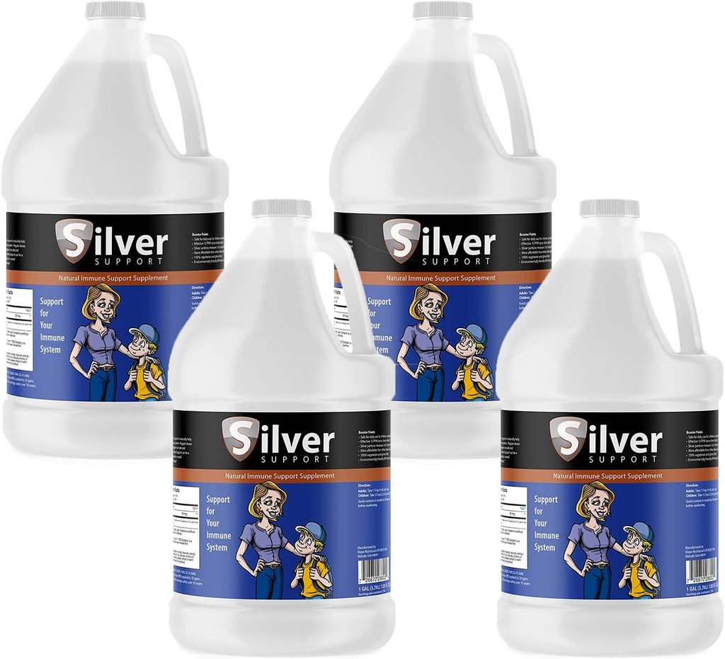 Silver Support - Supliment de suport imun din plante, Soluție de argint de dimensiuni nano, Booster imunitar pentru copii, Animale de companie & Adulți, Silver purificat, Fortificați sistemul imunitar pentru sezon rece și gripal - 4 Galoane