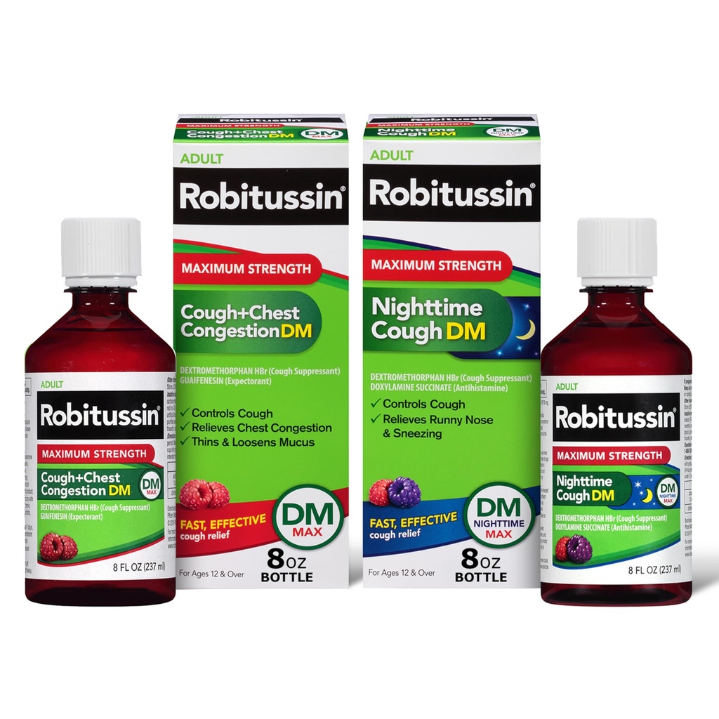 Robitussin DM Max Tuse Plus Congestionare toracică și Robitussin Putere maximă de noapte Tuse DM, Formule pentru adulți - 2 x 8 Fl Oz Flacoane
