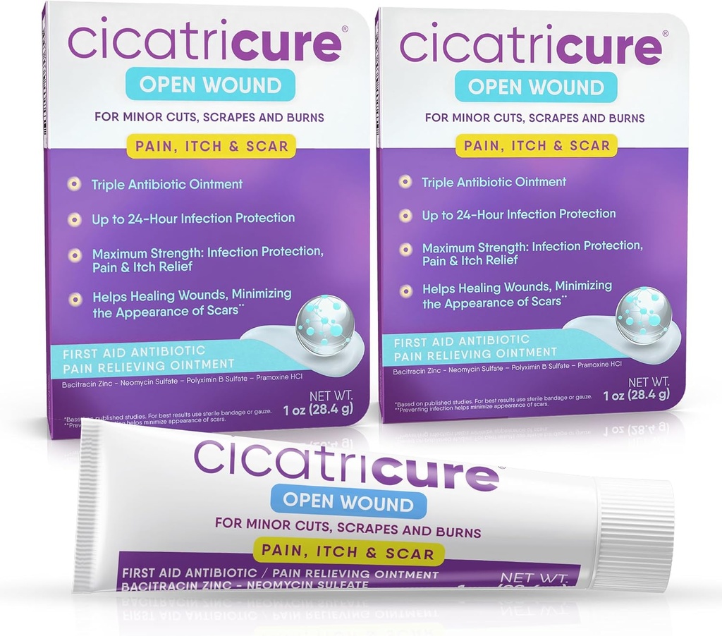 Cicatricure Triple Antibiotic Ointment with Pain Relief, Bacitracin Antibiotic Ointment & Cream for Wound Care, Vindecare Ointment for Cuts, Burns, Insecta Bites, First Help Province Essential, 1 oz