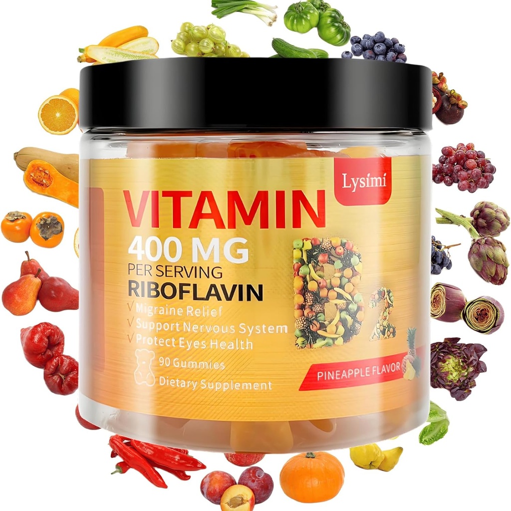 Vitamina B2 Gummies, vitamina B2 Riboflavin Gumies 400 mg, Migrene Relief & Headache Relief Riboflavin Vitamina B2 Gumies, Soy & Gluten-Free, 90 Vitamin Gumies pentru copii și adulți